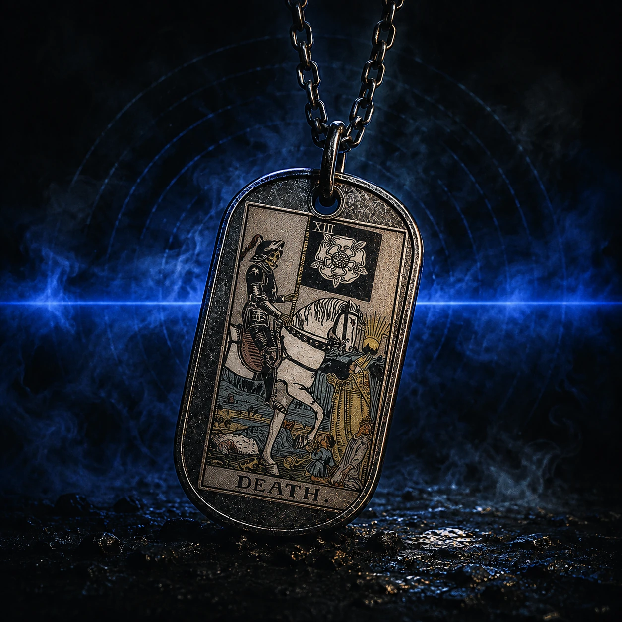 Zero Contact artwork — the Death tarot card engraved on a dog tag in cobalt smoke